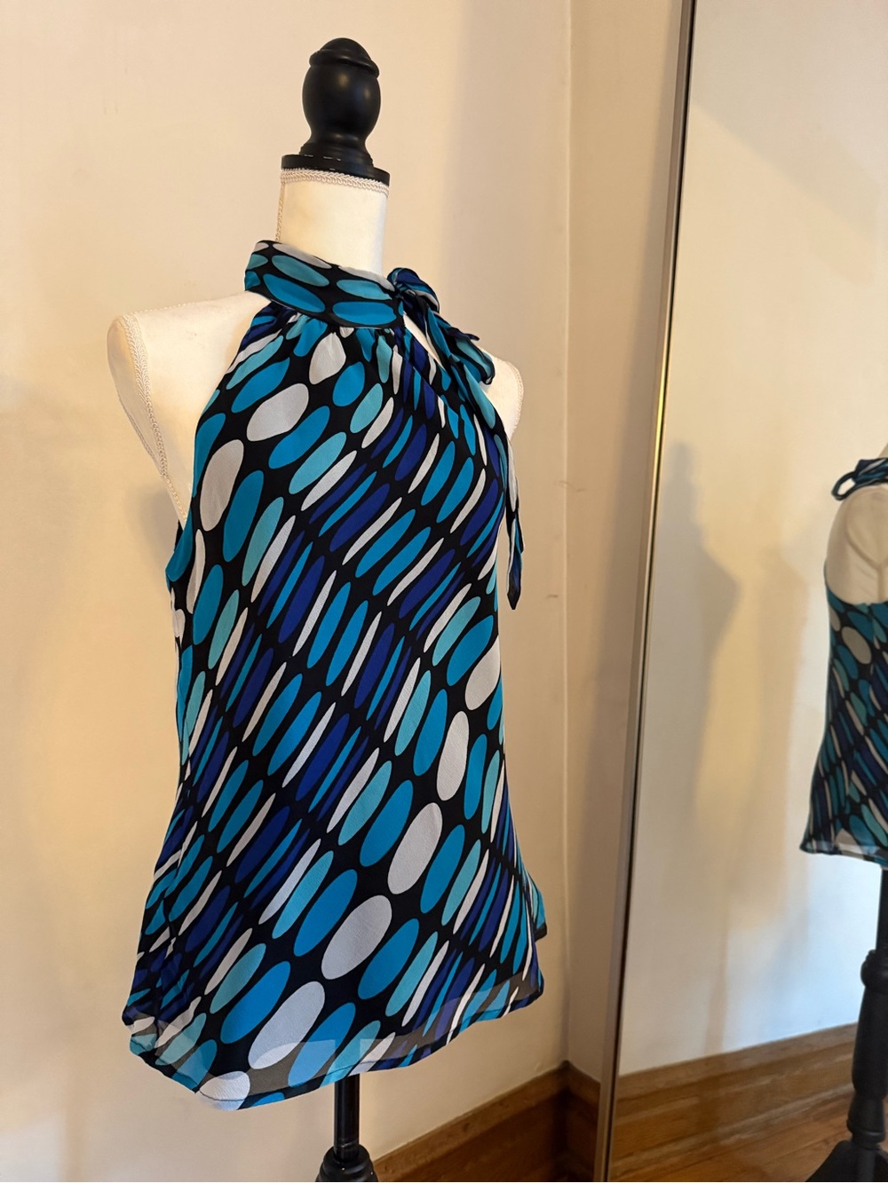 Silk Express Blue Printed Halter Neck Blouse with Neck Tie Size M